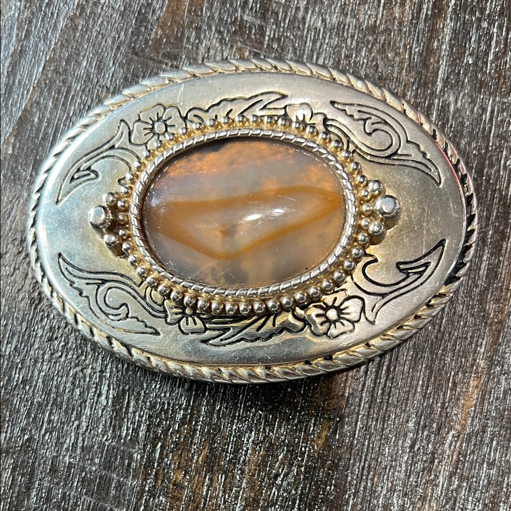 Vintage Silver and Brown Oval Belt Buckle